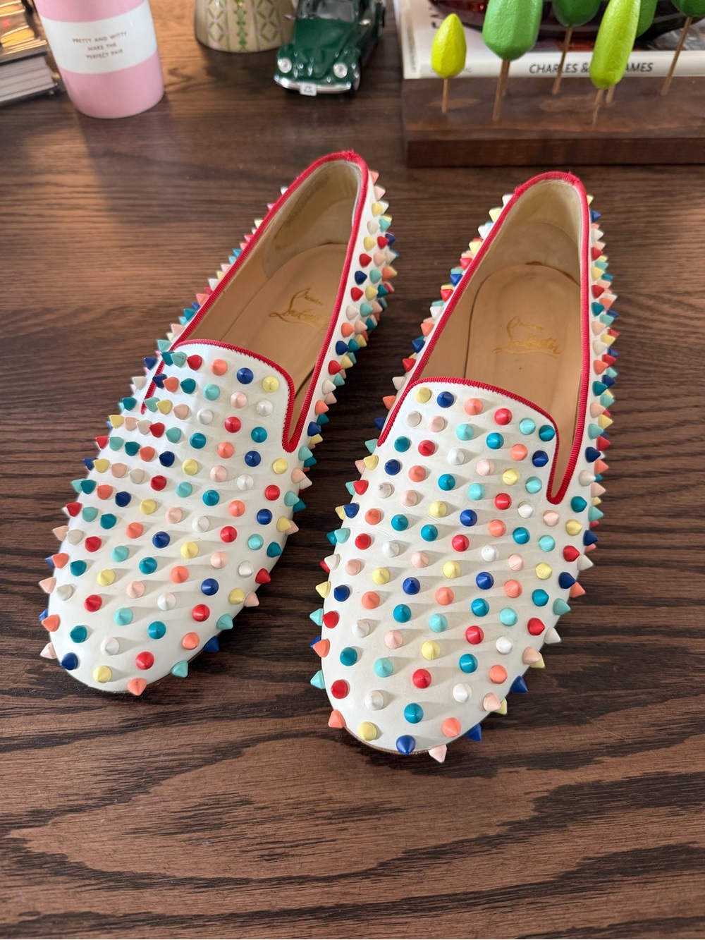 Christian Louboutin White Multicolor Spike Loafers EU41